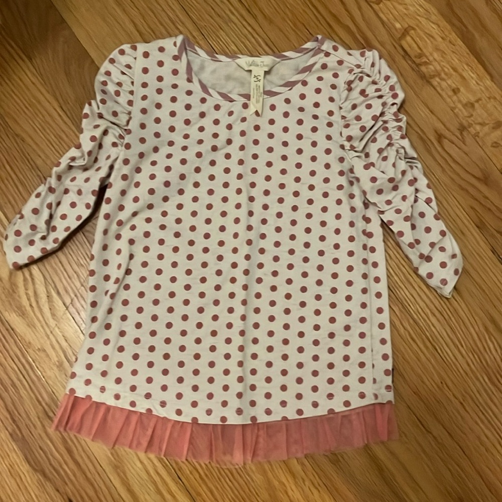 Matilda Jane Pink Mauve Polka Dot 3/4 Sleeve Shirt Size 6 Excellent Condition